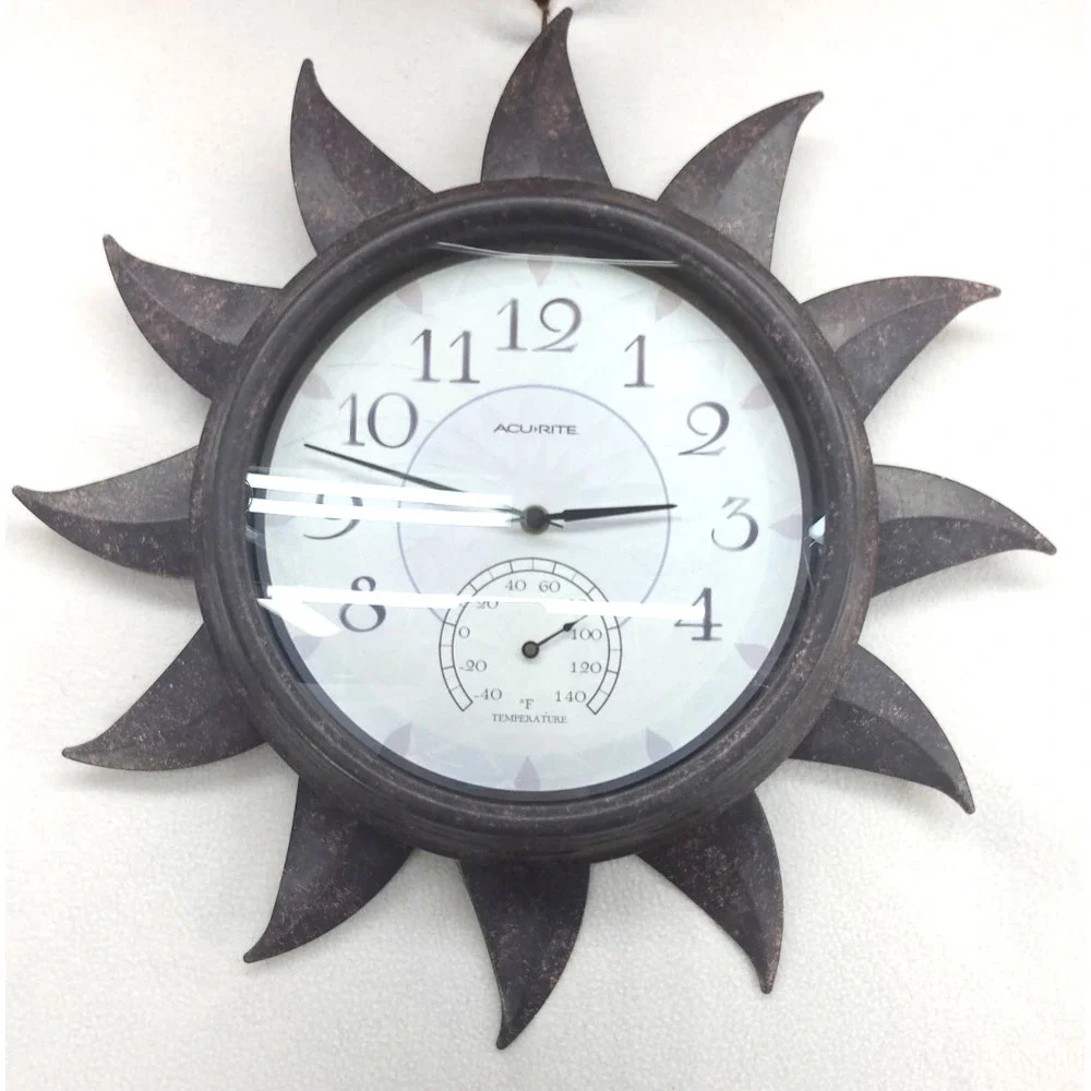 ACU RITE Hanging Clock + Temp Celestial Sun Bronze Painted 19x19 Works